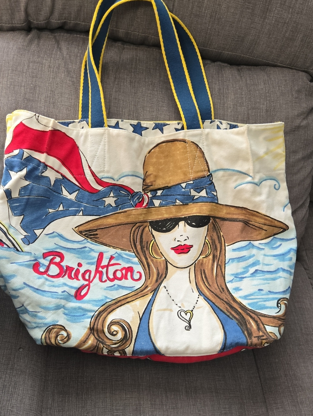 Brighton Canvas Tote Bag in Blue, Tan & Red